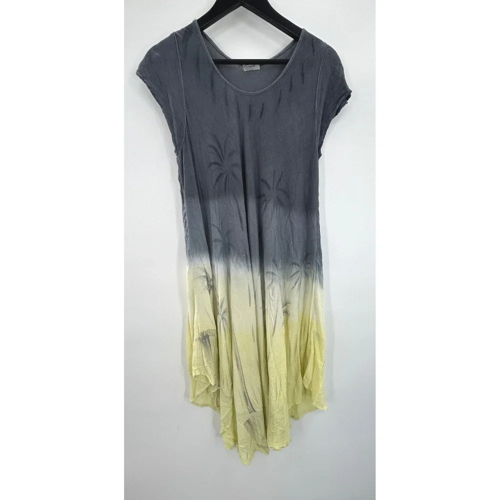 Exist Womens One Size Gray Yellow Ombre Palm Tree Sharkbite Hem Boho Dress - Picture 2 of 6